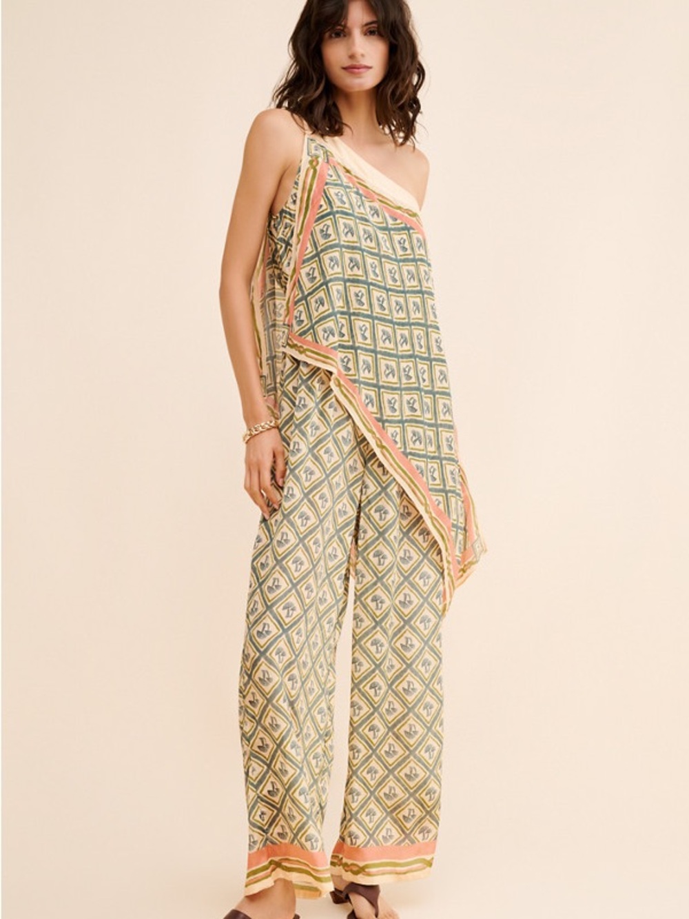 Farm Rio Mushroom scarf top One-Shoulder Jumpsuit in Sage and Peach size M